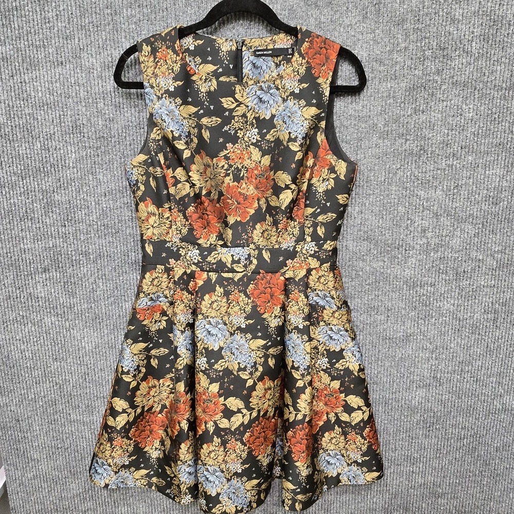 Karen Millen Dress Womens 8US Floral Jacquard Fit Flare Sleeveless Pockets Mini